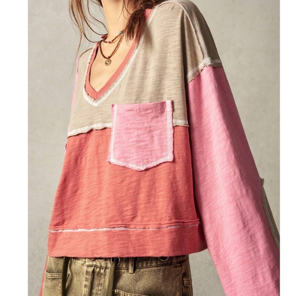 Color Block Reverse Stitch Oversized Long Sleeve Top - Picture 6 of 7